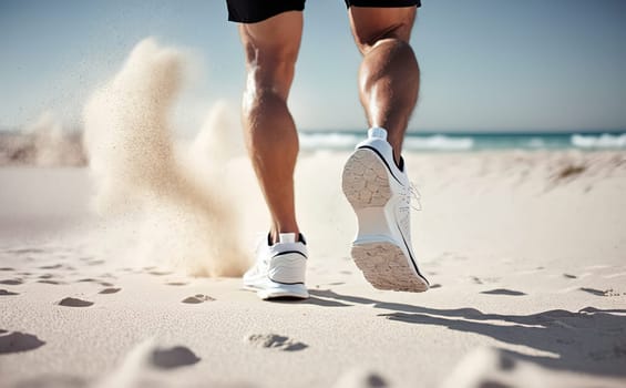 Man in white sneakers kicking up sand on a beach