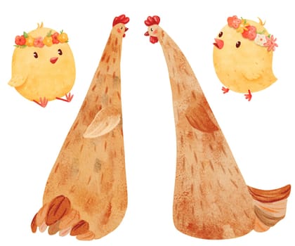 watercolor set. chickens and chicks adorned with spring flower wreaths. cartoon style. for a variety of creative projects, children's illustrations, decorative designs, farm life and springtime charm.