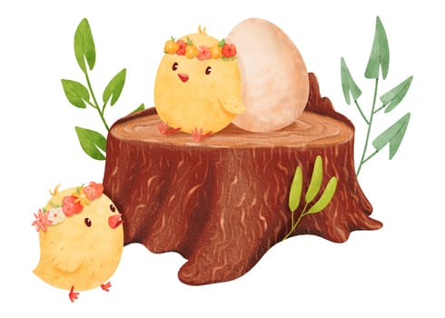 Watercolor children's composition featuring little yellow chicks playing around an old brown stump adorned with spring foliage. The stump serves as a charming nest for a chicken egg.