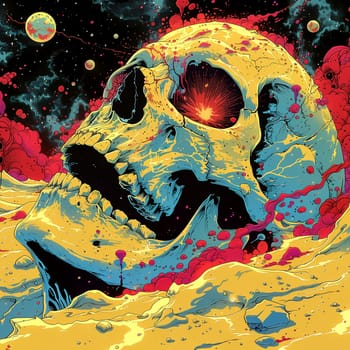 Psychedelic Skull Poster, Horror poster mystical head psychedelic monster. AI Generated