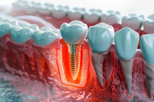 dental implant placement. An X-ray image displaying a dental implant anchored in the jawbone. . Generative Ai.