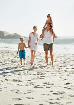 Parents, children and walking beach in summer or holiday on island or bonding, connection or vacation. Man, woman and kid on shoulders in Florida together or outdoor happiness, travel or hand holding.