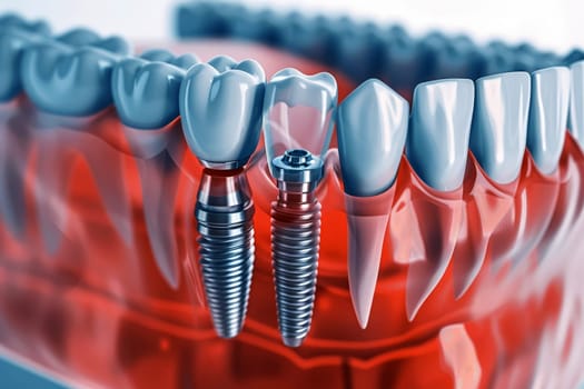 dental implant placement. An X-ray image displaying a dental implant anchored in the jawbone. . Generative Ai.