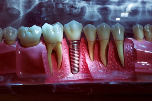 dental implant placement. An X-ray image displaying a dental implant anchored in the jawbone. . Generative Ai.