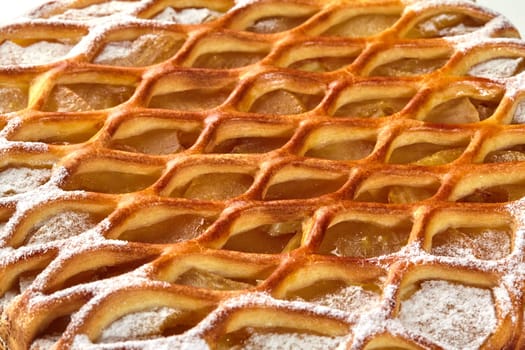 Closeup of scrumptious sweet lattice galette with crispy golden crust, tender custard layer, caramelized apple filling and delicate sugar dusting