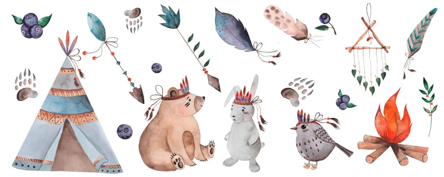 Forest baby watercolor animals, large set. Isolated elements on a white background. Woodland bear, hare and bird in boho style. Wigwams with spears and arrows. The characters are also surrounded by blueberries and fire. Animal tracks and dream catcher and beautiful feathers. An ideal set for stickers and posters for a child's room and baby shower design