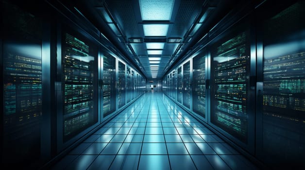The photograph captures the interior of a modern, spacious server room, showcasing rows of equipment, racks, and cables, illustrating the technological infrastructure and complexity required for data management and network operations.Generated image.