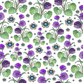 Illustration of seamless floral background in lilac, blue and green colours