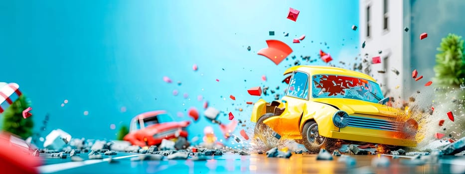 Dynamic Car Collision Scene with Debris on Blue Background, copy space