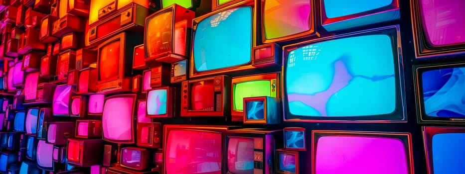 Vintage Television Wall with Colorful Screens.