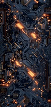 Phone wallpaper and texture of maze of black circuit board. Neural network generated image. Not based on any actual person or scene.