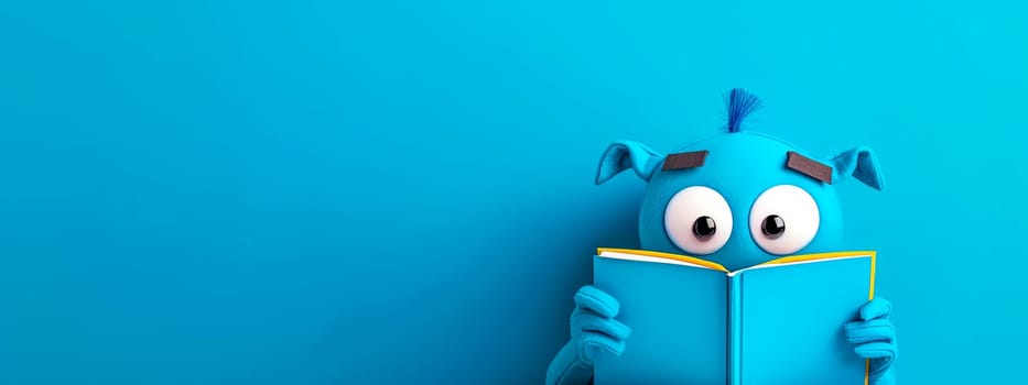 Cute Blue Monster Reading a Book on Bright Blue Background, copy space