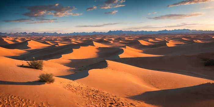 A vast desert expanse with rolling dunes under a cloudy, sunny sky. Generative AI