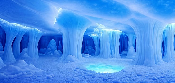 Ethereal ice cave illuminated by the soft glow of bioluminescent crystals, casting an eerie blue light. Generative AI