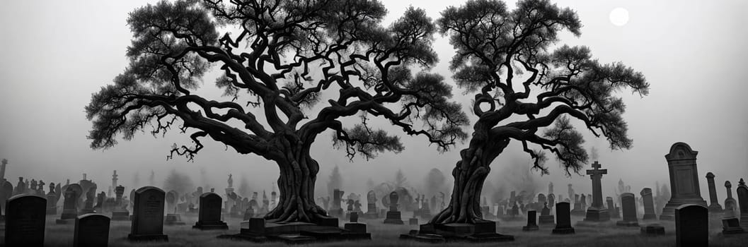 A hauntingly beautiful graveyard shrouded in mist, with weathered tombstones standing sentinel amidst gnarled trees and twisted branches reaching towards the moon.