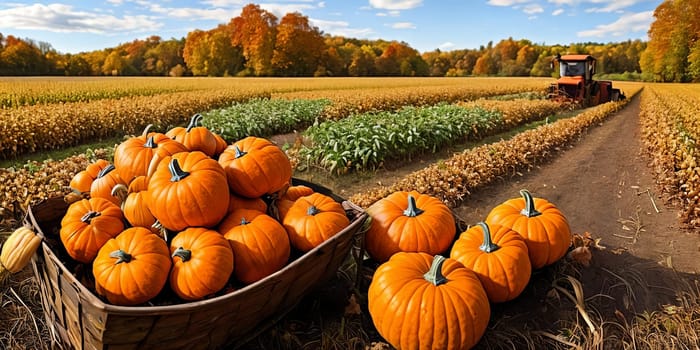 Rural fall harvest. Beauty of autumn harvests, including pumpkins, corn fields. Generative AI