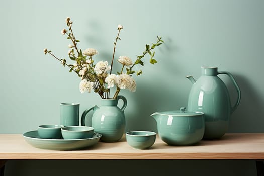 Elegant turquoise ceramic dishes on a wooden tabletop.