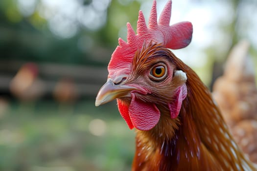 Portrait of hen on the chicken farm, closeup with bokeh. Neural network generated image. Not based on any actual person or scene.