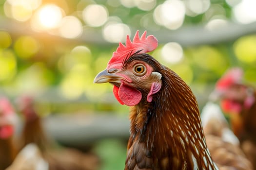 Portrait of hen on the chicken farm, closeup with bokeh. Neural network generated image. Not based on any actual person or scene.