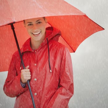 Woman, portrait and umbrella for protection, outdoor nature and cover from rain in weather. Female person, insurance and safety or security from storm, winter and travel to Scotland for holiday.