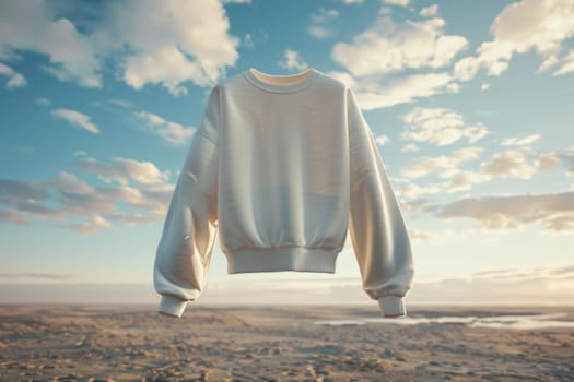 Floating White Sweatshirt Against Cloudy Sky Background. Generative AI.