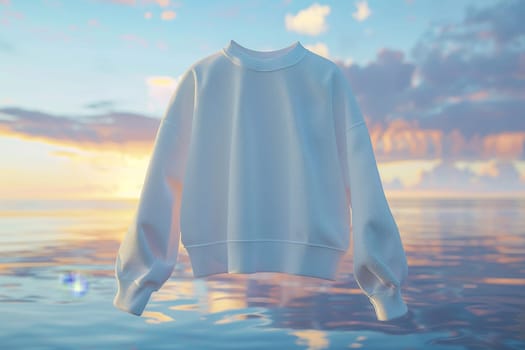 Floating White Sweatshirt Against Cloudy Sky Background. Generative AI.
