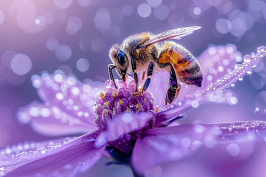 Bee Pollinating Vibrant Orange Flower with Dew. Generative AI.