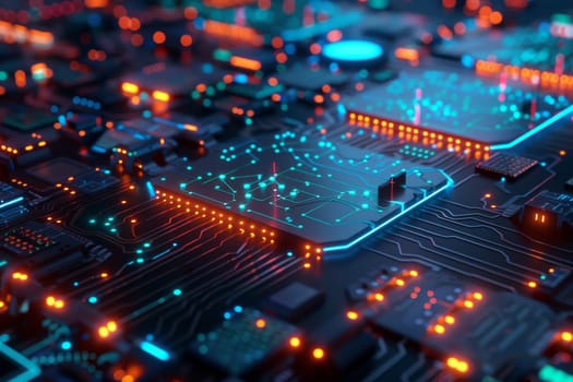 A detailed view of a circuit board with illuminated pathways and electronic components, symbolizing complex technology and data processing. Generative AI.