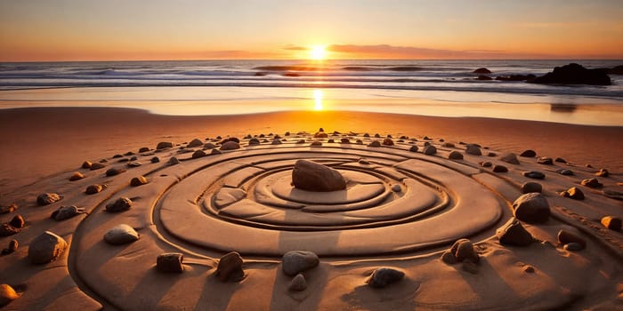 Pattern of stones on a sandy beach, illuminated by the warm colors of a sunset.