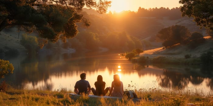 Happy family having picnic on lake with beautiful view