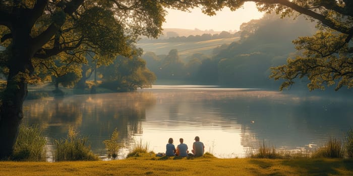 Happy family having picnic on lake with beautiful view