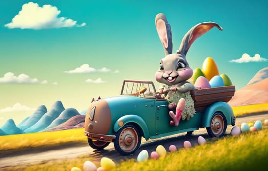 Smiling cute and cool cartoon style Easter bunny racing in retro car for Easter. Happy Easter Poster and template with Easter bunny and colorful Easter Eggs High quality illustration