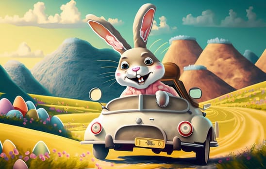 Smiling cute and cool cartoon style Easter bunny racing in retro car for Easter. Happy Easter Poster and template with Easter bunny and colorful Easter Eggs High quality illustration