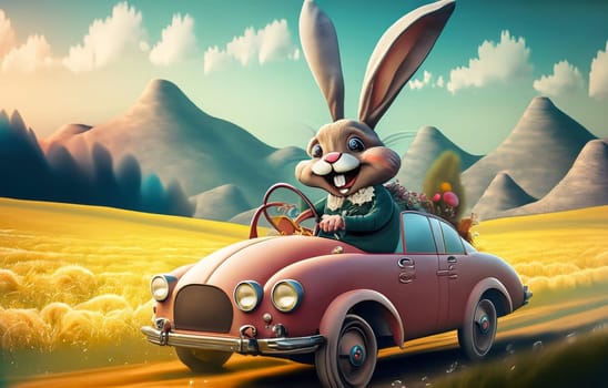 Smiling cute and cool cartoon style Easter bunny racing in retro car for Easter. Happy Easter Poster and template with Easter bunny and colorful Easter Eggs High quality illustration