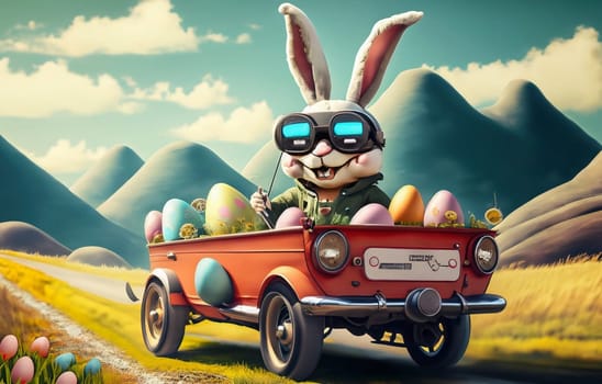 Smiling cute and cool cartoon style Easter bunny racing in retro car for Easter. Happy Easter Poster and template with Easter bunny and colorful Easter Eggs High quality illustration