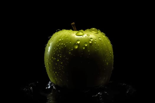 Green apple on black background. Fruit with water drops. Generate Ai