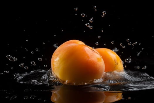 Two orange apricot on black background. Fruit with water drops. Generate Ai