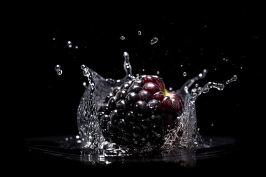Blackberry on black background. Fruit with water drops. Generate Ai
