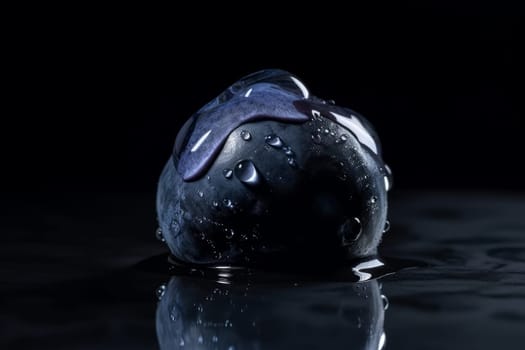 Blueberry on black background. Fruit with water drops. Generate Ai