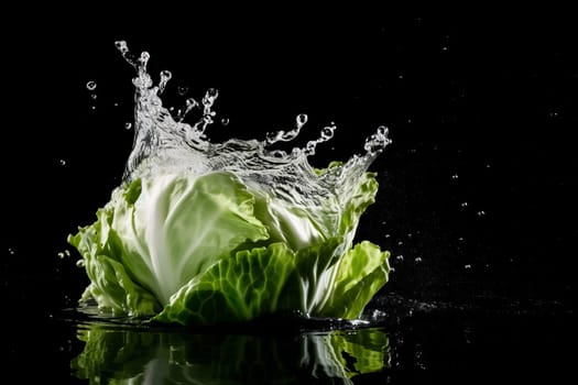 Cabbage on black background. Fruit with water drops. Generate Ai