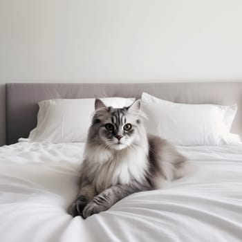 Cat on the bed. Home pet funny concept. Generate Ai
