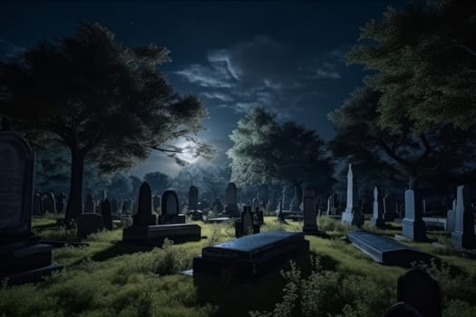 Old cemetery on a moonlit night. Graveyard horror concept. Generate Ai