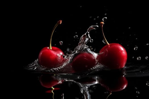 Cherry on black background. Fruit with water drops. Generate Ai