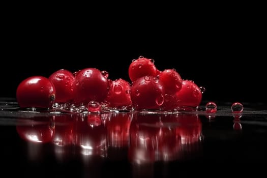 Cranberry on black background. Fruit with water drops. Generate Ai
