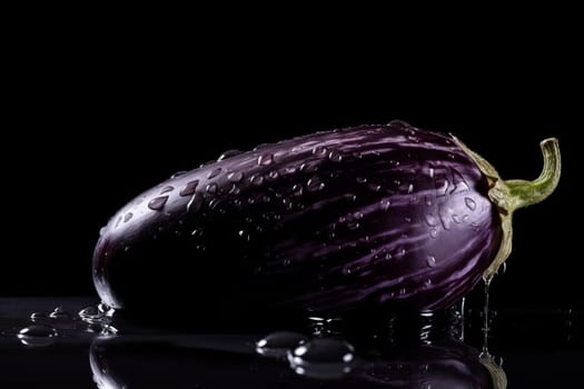 Eggplant on black background. Fruit with water drops. Generate Ai