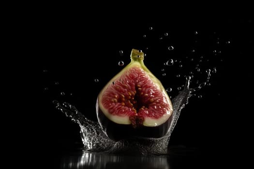 Fig on black background. Fruit with water drops. Generate Ai