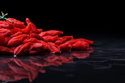 Many goji berries on black background. Fruit with water drops. Generate Ai