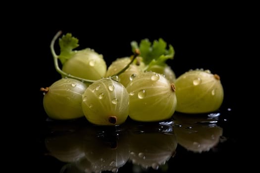 Gooseberry on black background. Fruit with water drops. Generate Ai