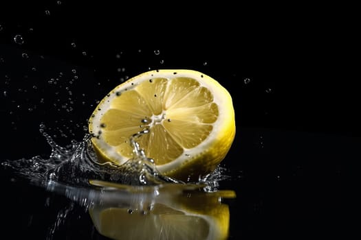 Lemon on black background. Fruit with water drops. Generate Ai