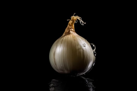 Onion on black background. Fruit with water drops. Generate Ai